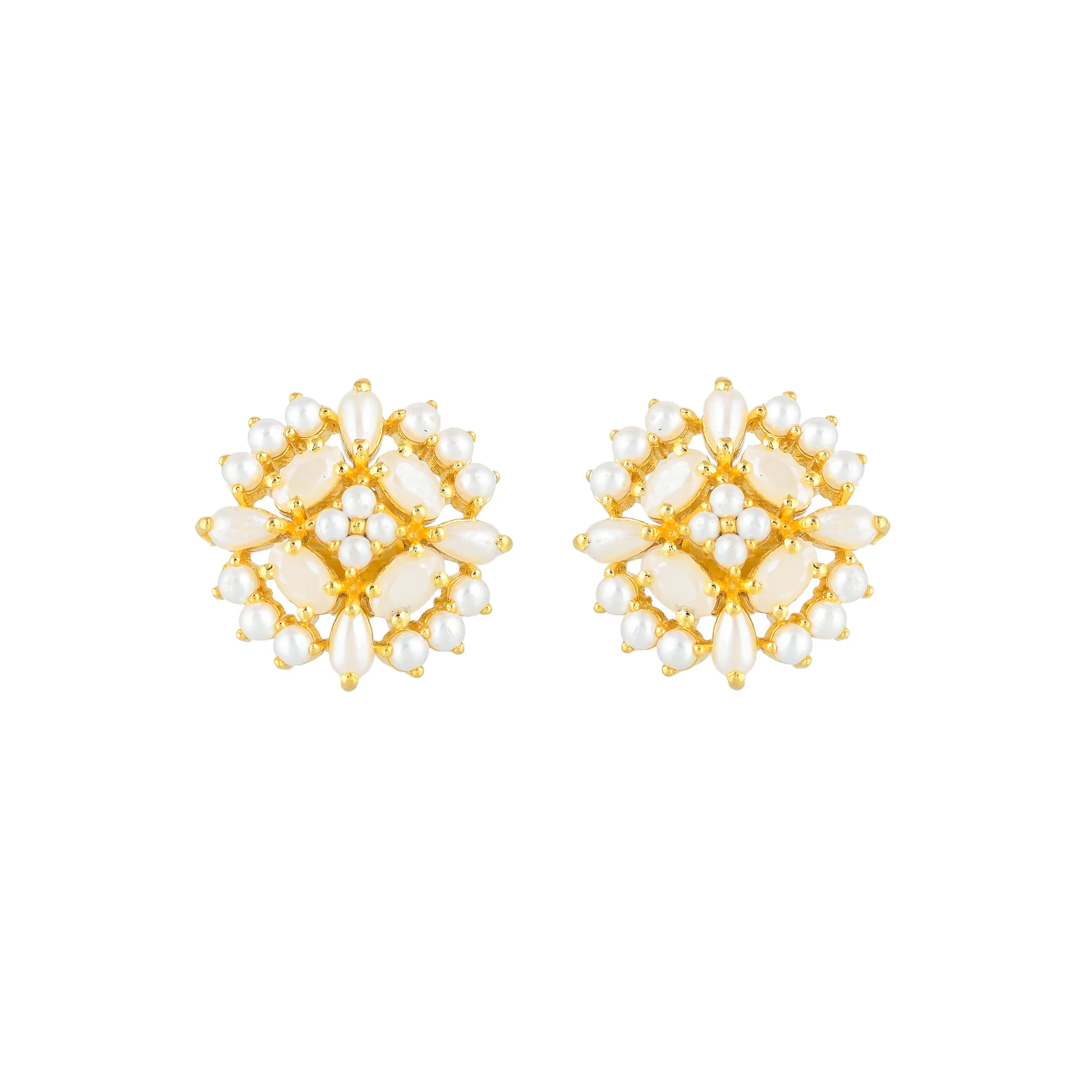 White Pearl Beaded Clear Zirconia Gems Stud Earrings - Image 3
