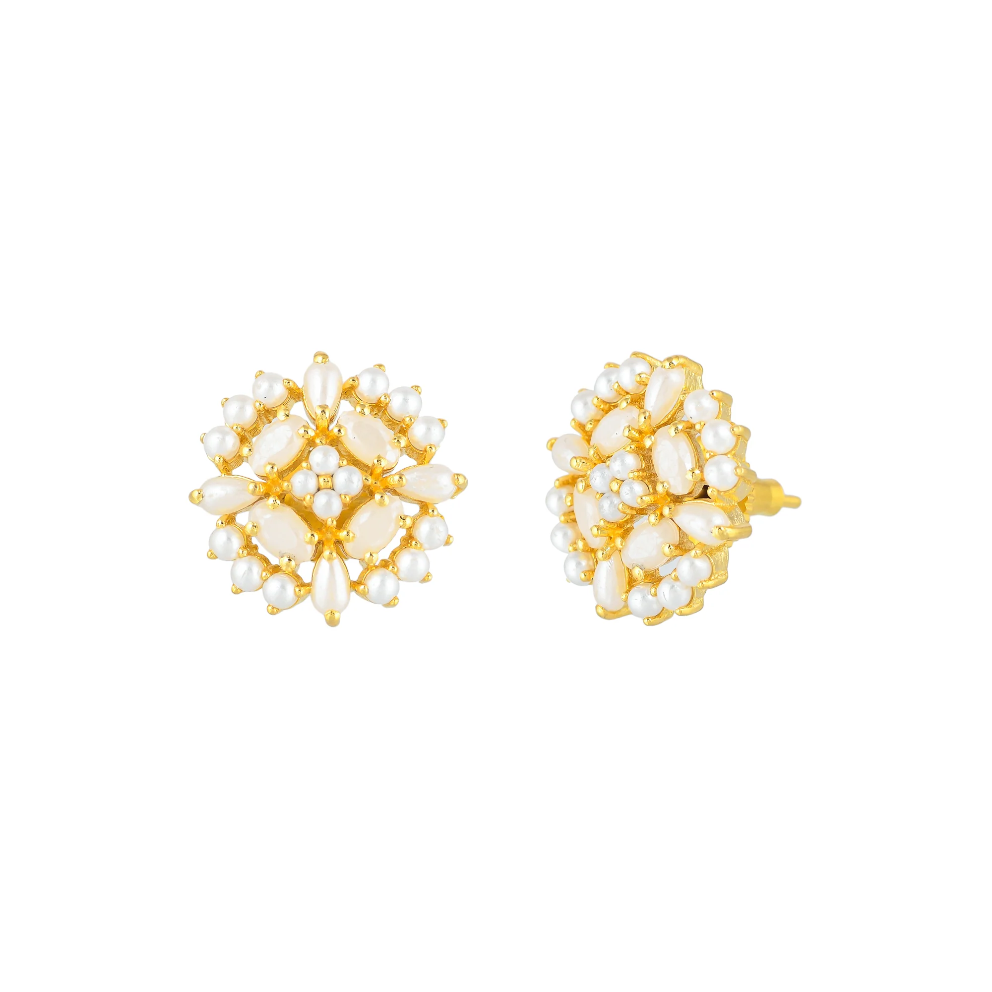White Pearl Beaded Clear Zirconia Gems Stud Earrings - Image 4