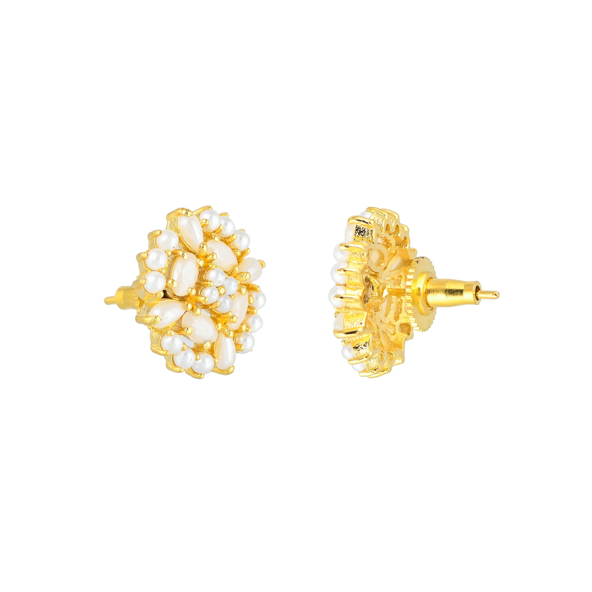 White Pearl Beaded Clear Zirconia Gems Stud Earrings - Image 5