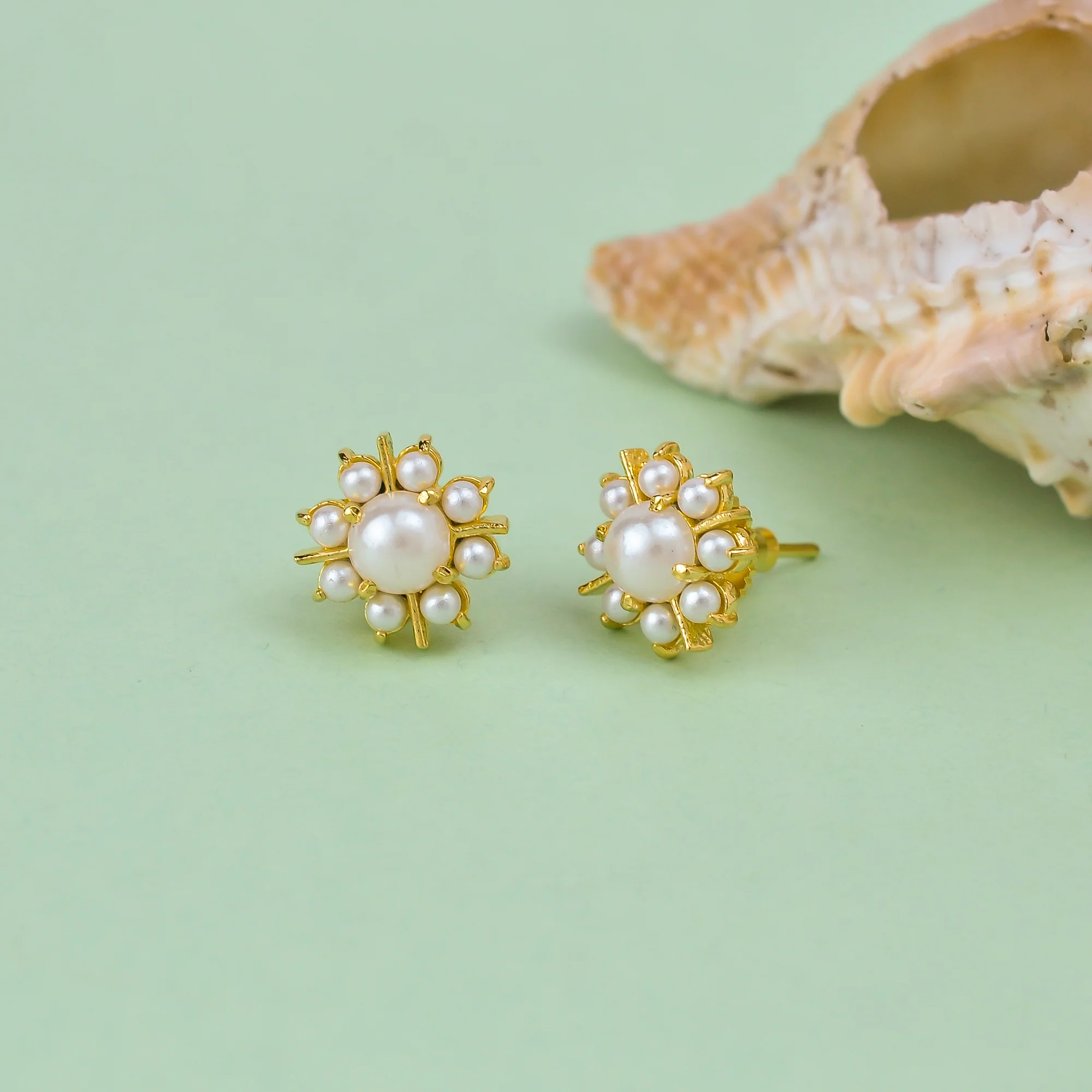 White Pearl Beads Gold Plated Stud Earrings