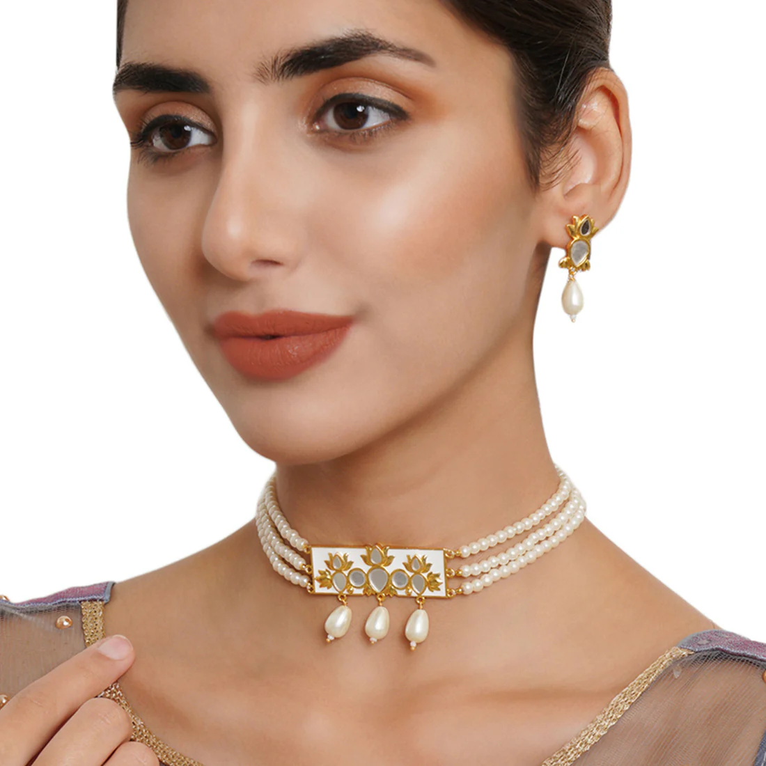 Festive Hues White Pearl String Short Necklace with Mirror Work Enameled Motif and Triple Pearl Drops - Image 2