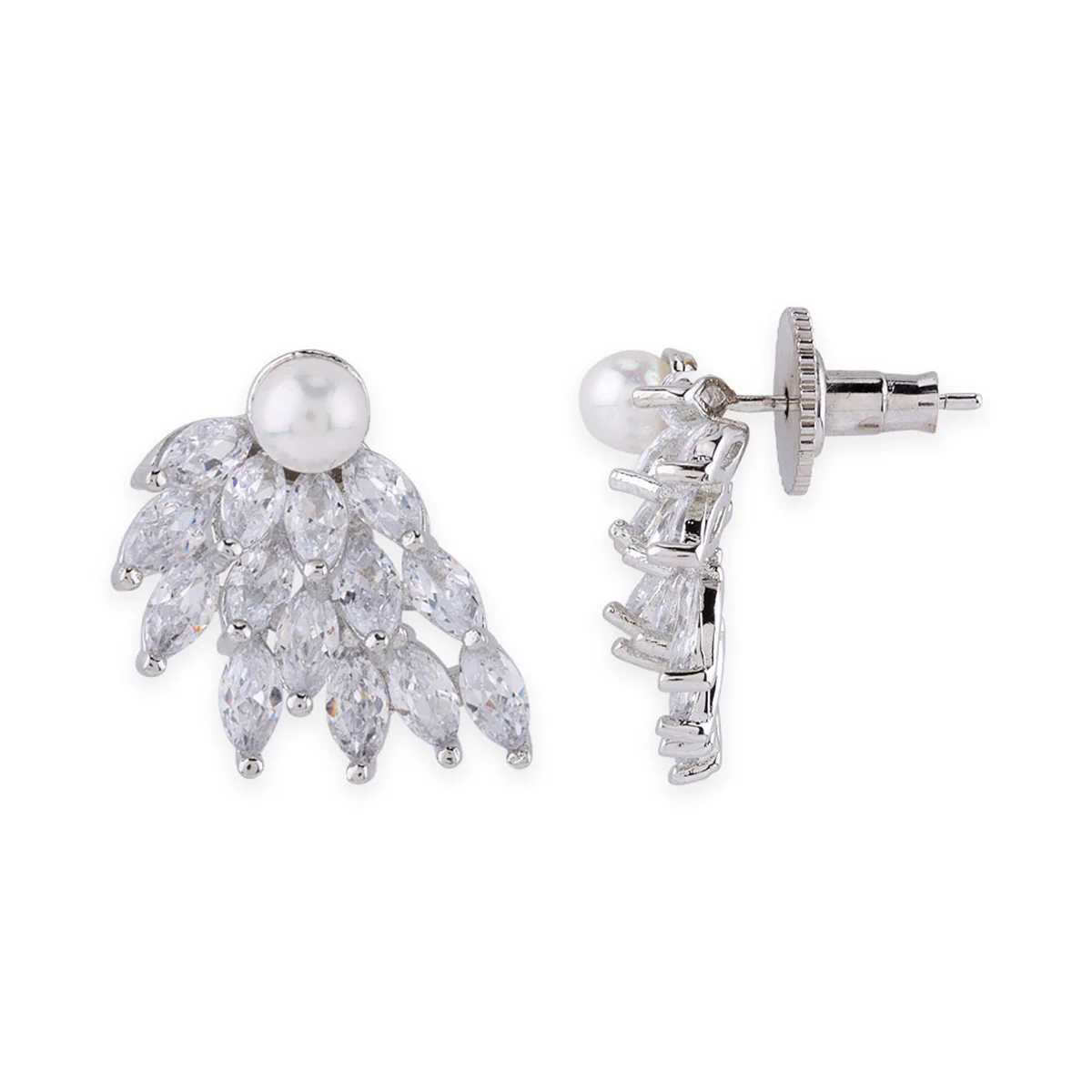 White Rhodium CZ Pearl Stud Earrings - Image 4