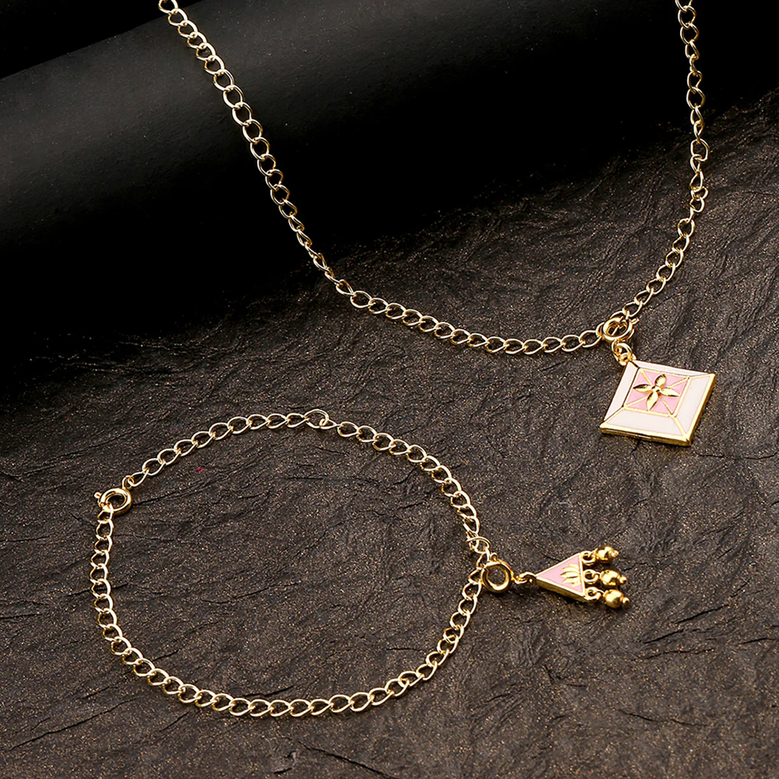 Yellow Gold Charms Pendant With Chain and Bracelets