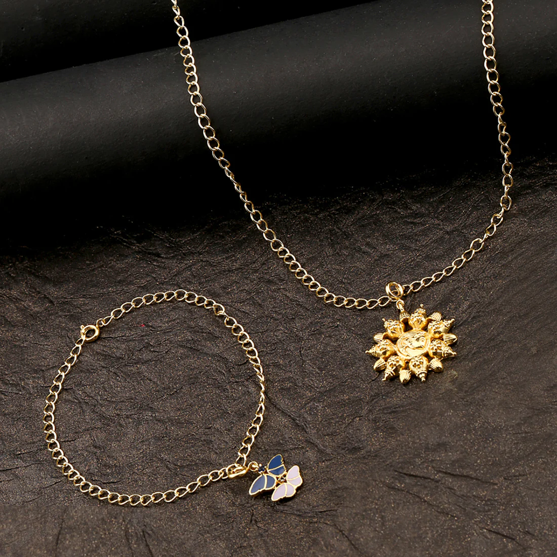 Yellow Gold Enameled Butterfly Charms Pendant With Chain and Bracelets