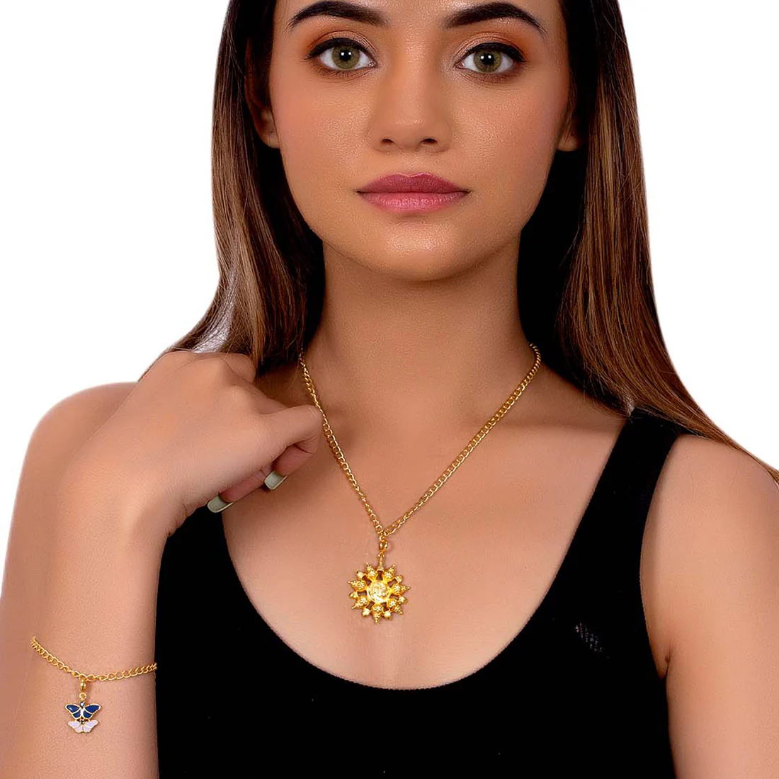 Yellow Gold Enameled Butterfly Charms Pendant With Chain and Bracelets - Image 2
