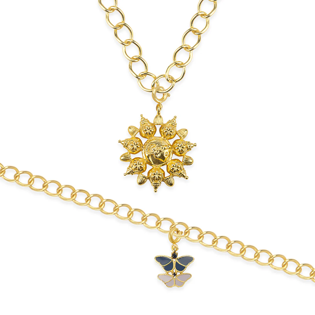 Yellow Gold Enameled Butterfly Charms Pendant With Chain and Bracelets - Image 3