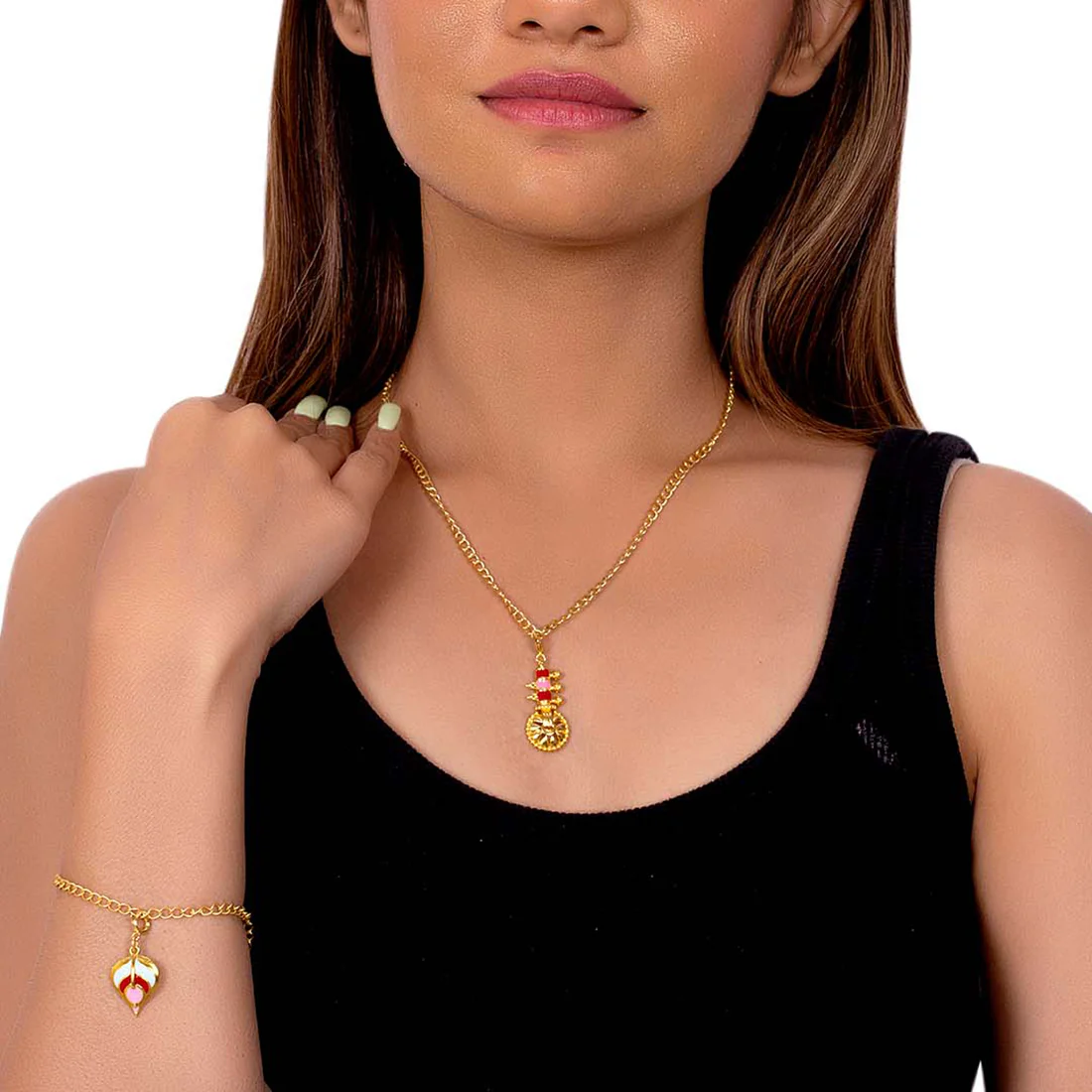 Yellow Gold Enameled Leaf Charms Pendant With Chain and Bracelets - Image 2
