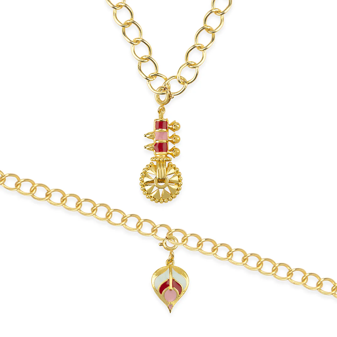 Yellow Gold Enameled Leaf Charms Pendant With Chain and Bracelets - Image 3