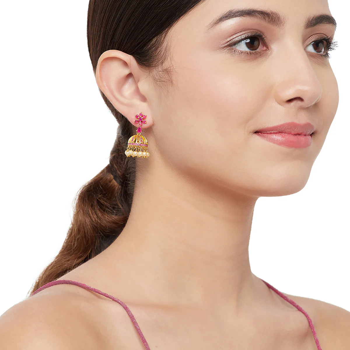 Yellow Gold Plated Dainty Jhumki Earrings - Image 2