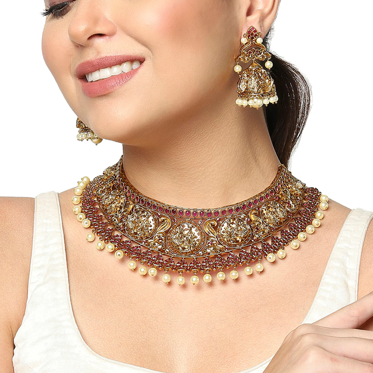 Yellow Gold Plated Faux Pearls Adorned Brass Jewellery Set - Image 2
