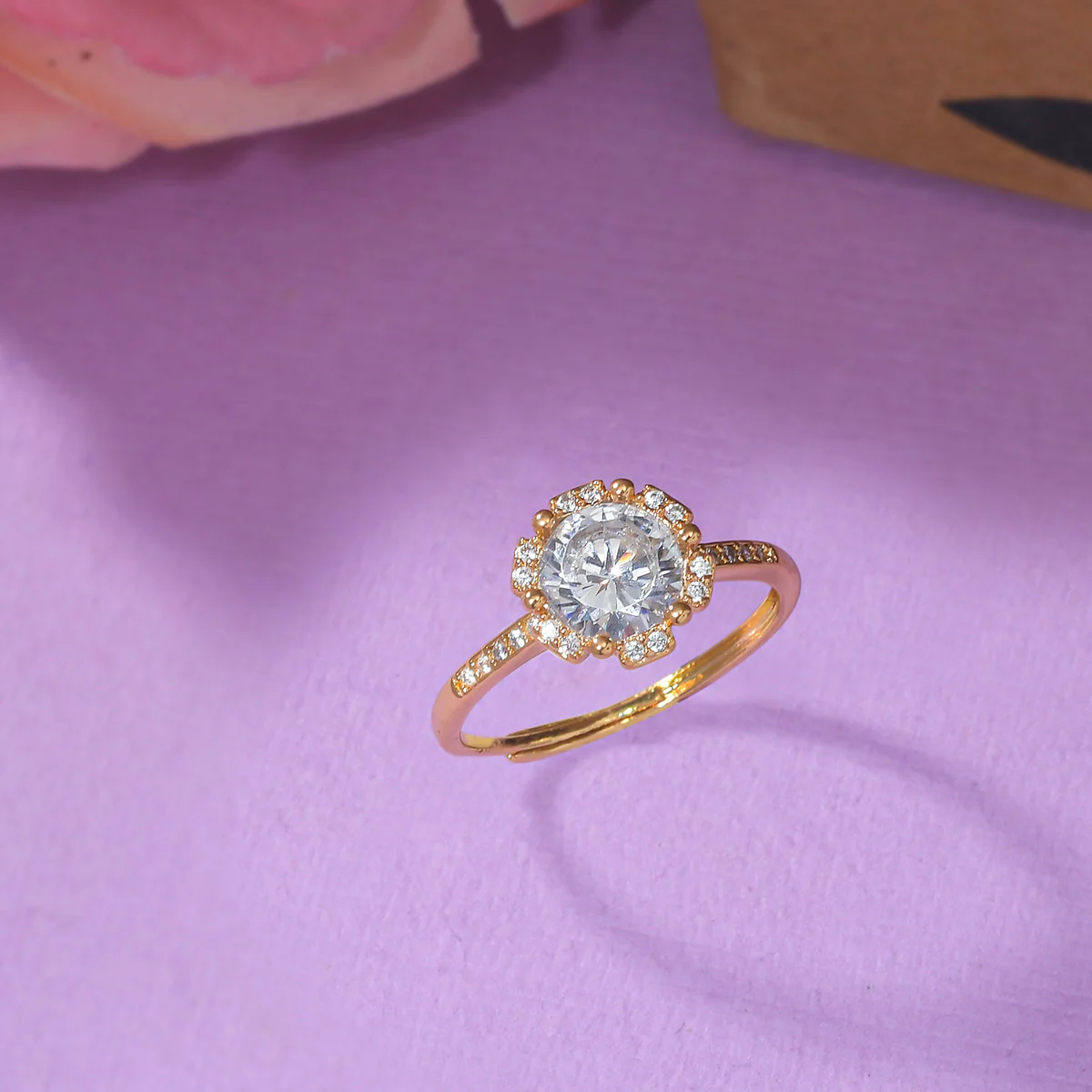 Yellow Gold Plated Round Cut Zircon Adorned Brass Ring