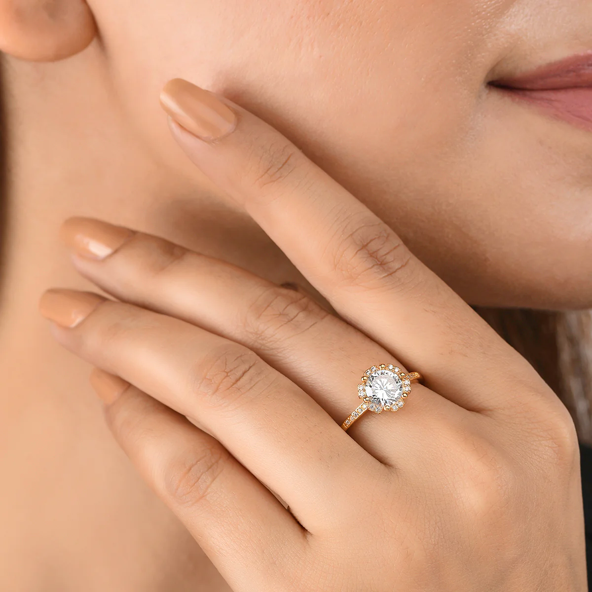 Yellow Gold Plated Round Cut Zircon Adorned Brass Ring - Image 2
