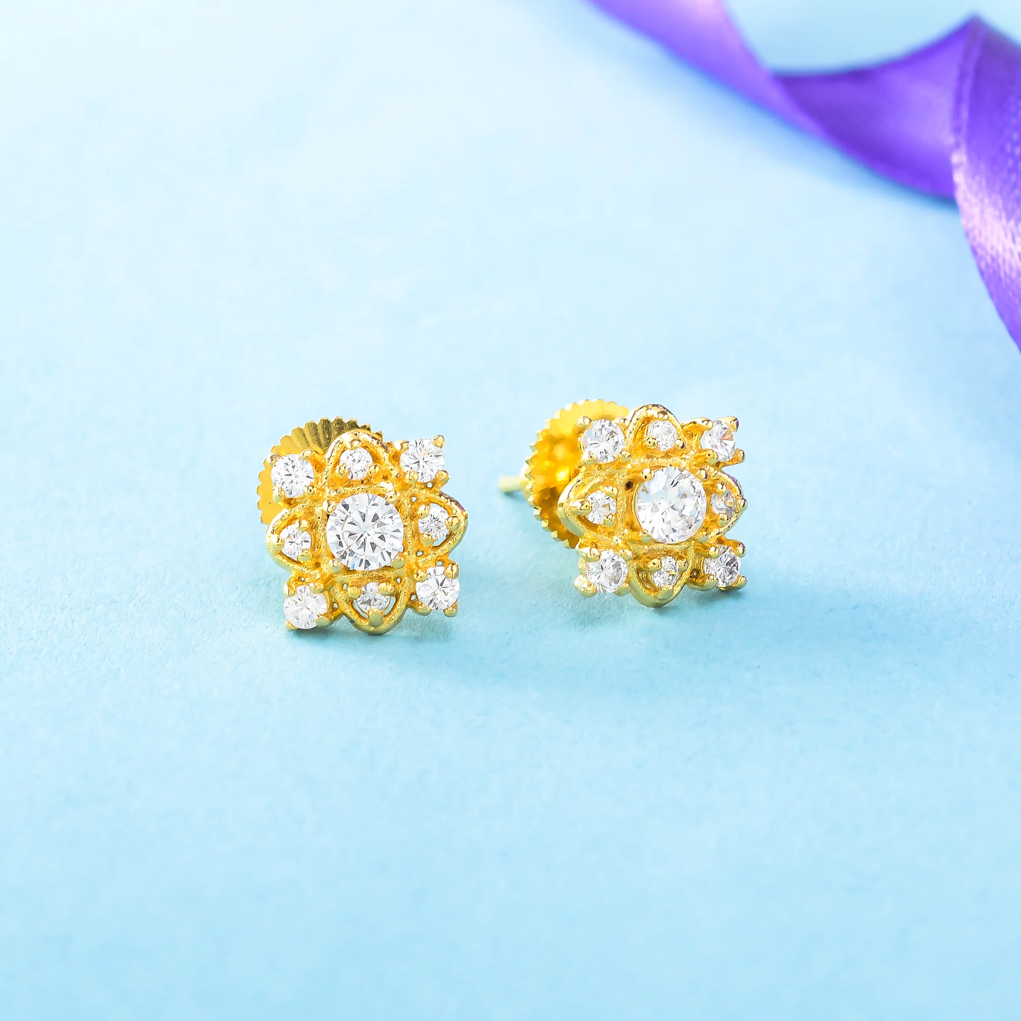Yellow Gold Plated White Zirconia Gems Stud Earrings