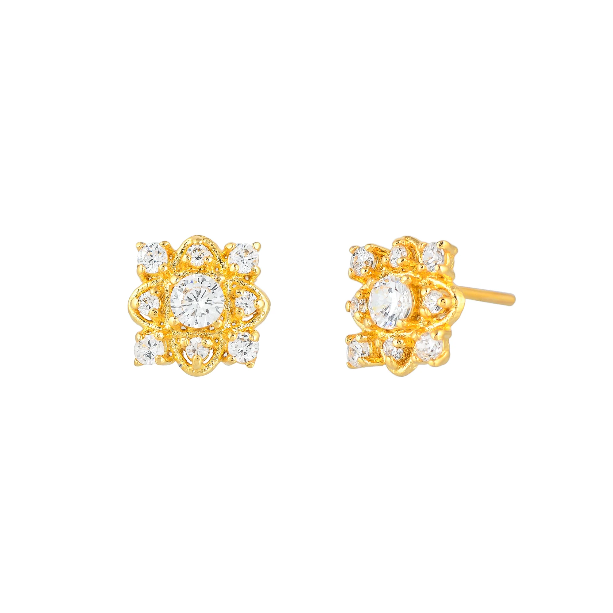 Yellow Gold Plated White Zirconia Gems Stud Earrings - Image 4