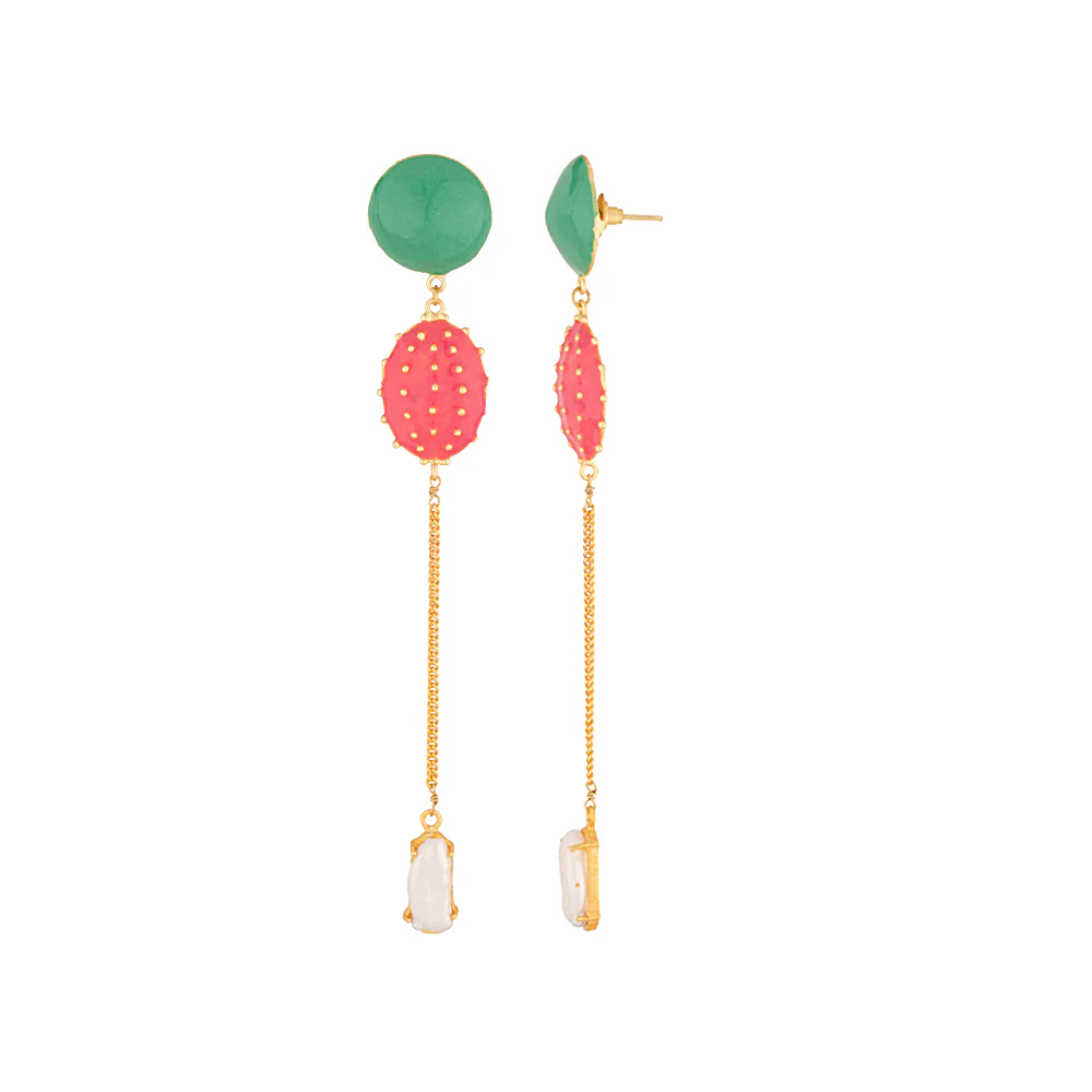 Youthful Golden Dangler Earrings with White Stone Drop And Red-Green Enamel Work - Image 2