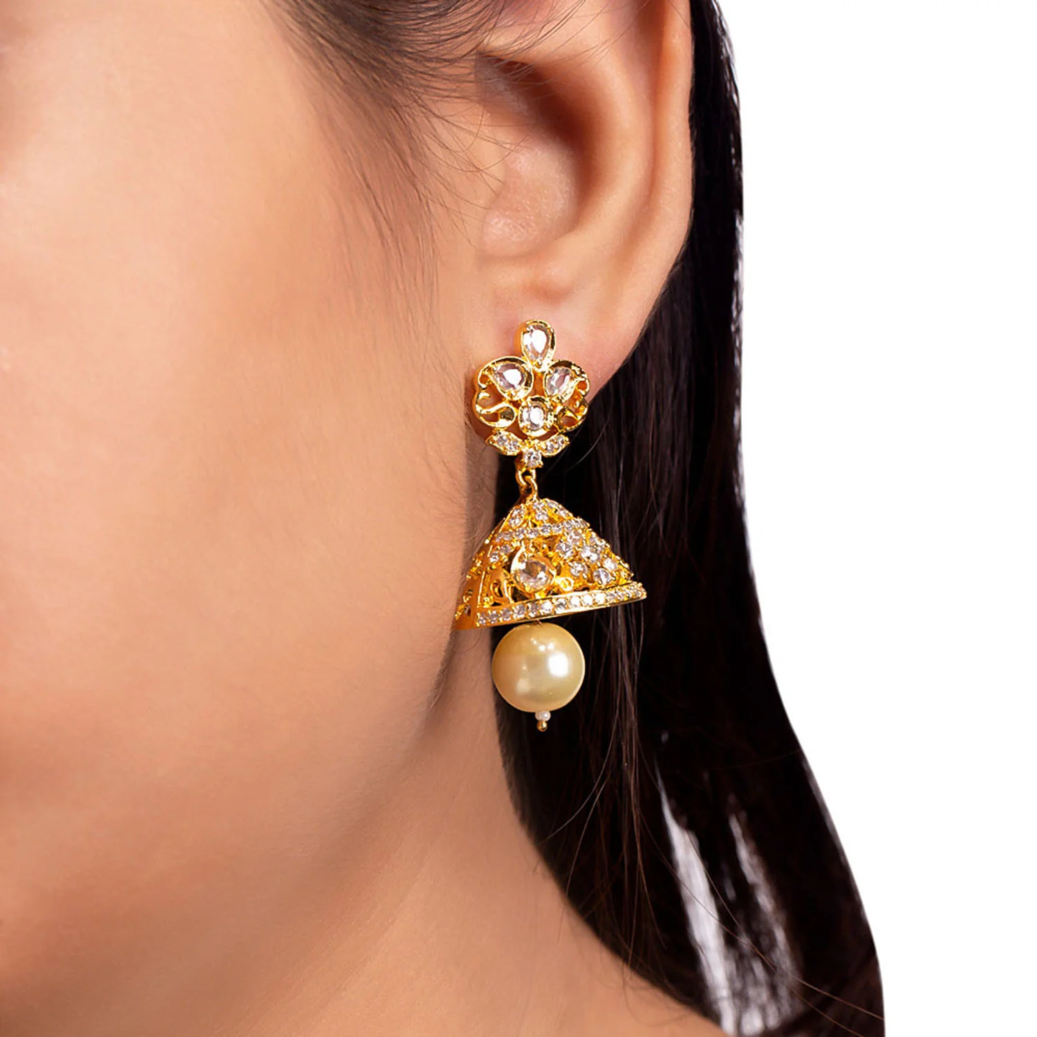 Zircon Gems and Faux Pearls Earrings - Image 2