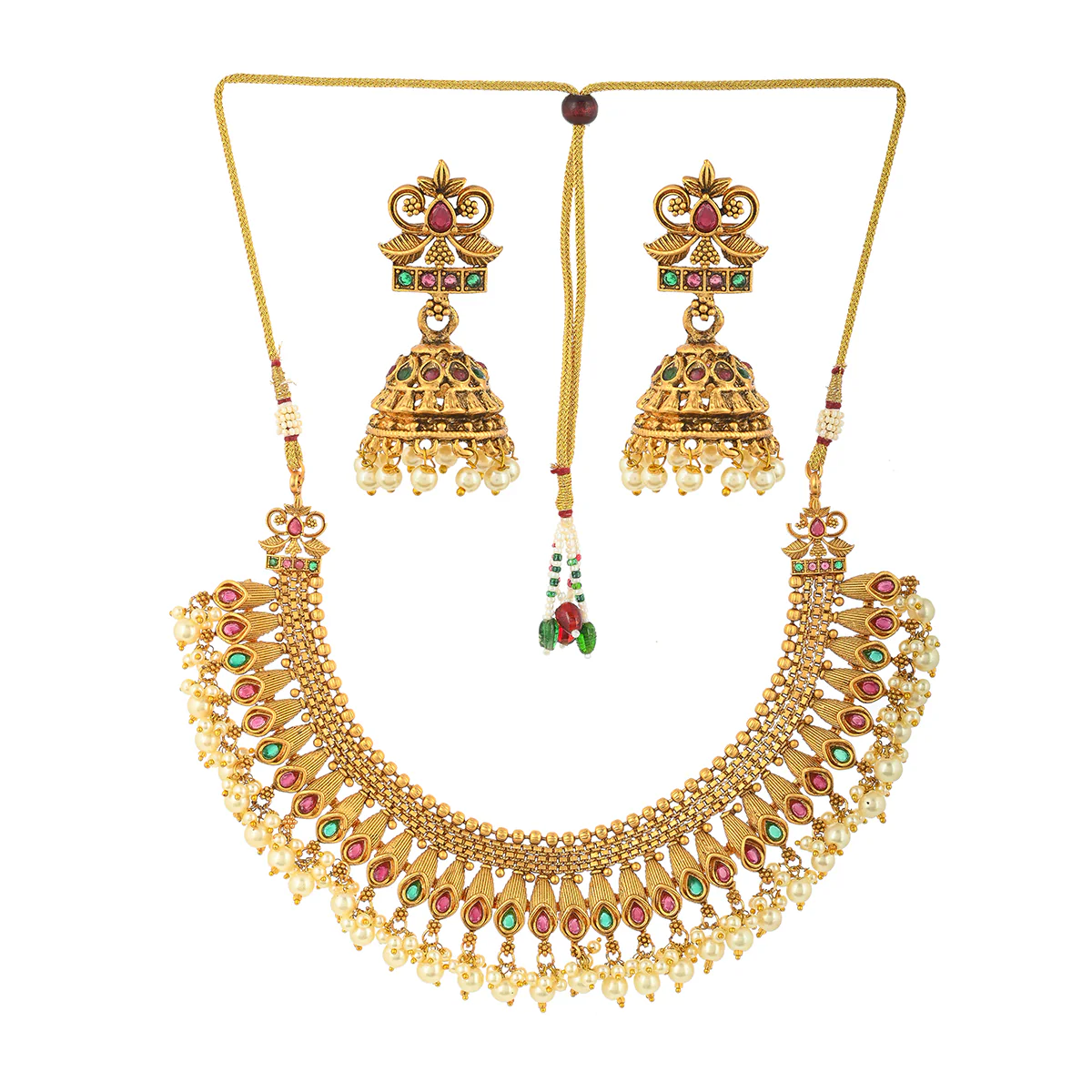 Zircon Gems and Faux Pearls Opulent Yellow Gold Plated Brass Jewellery Set - Image 2