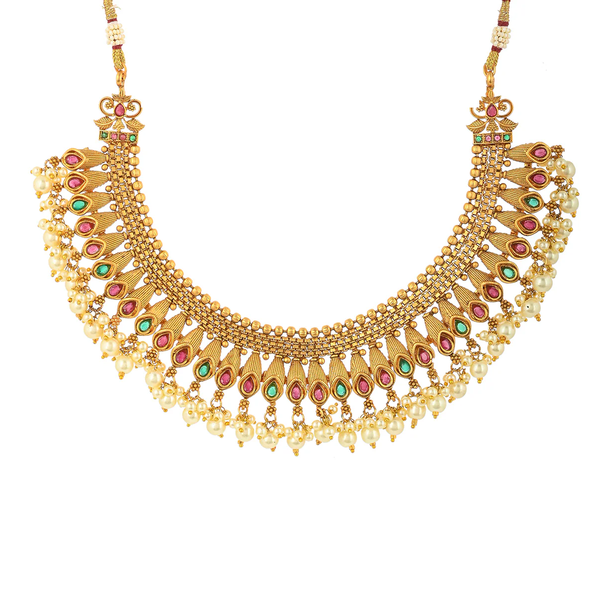 Zircon Gems and Faux Pearls Opulent Yellow Gold Plated Brass Jewellery Set - Image 3