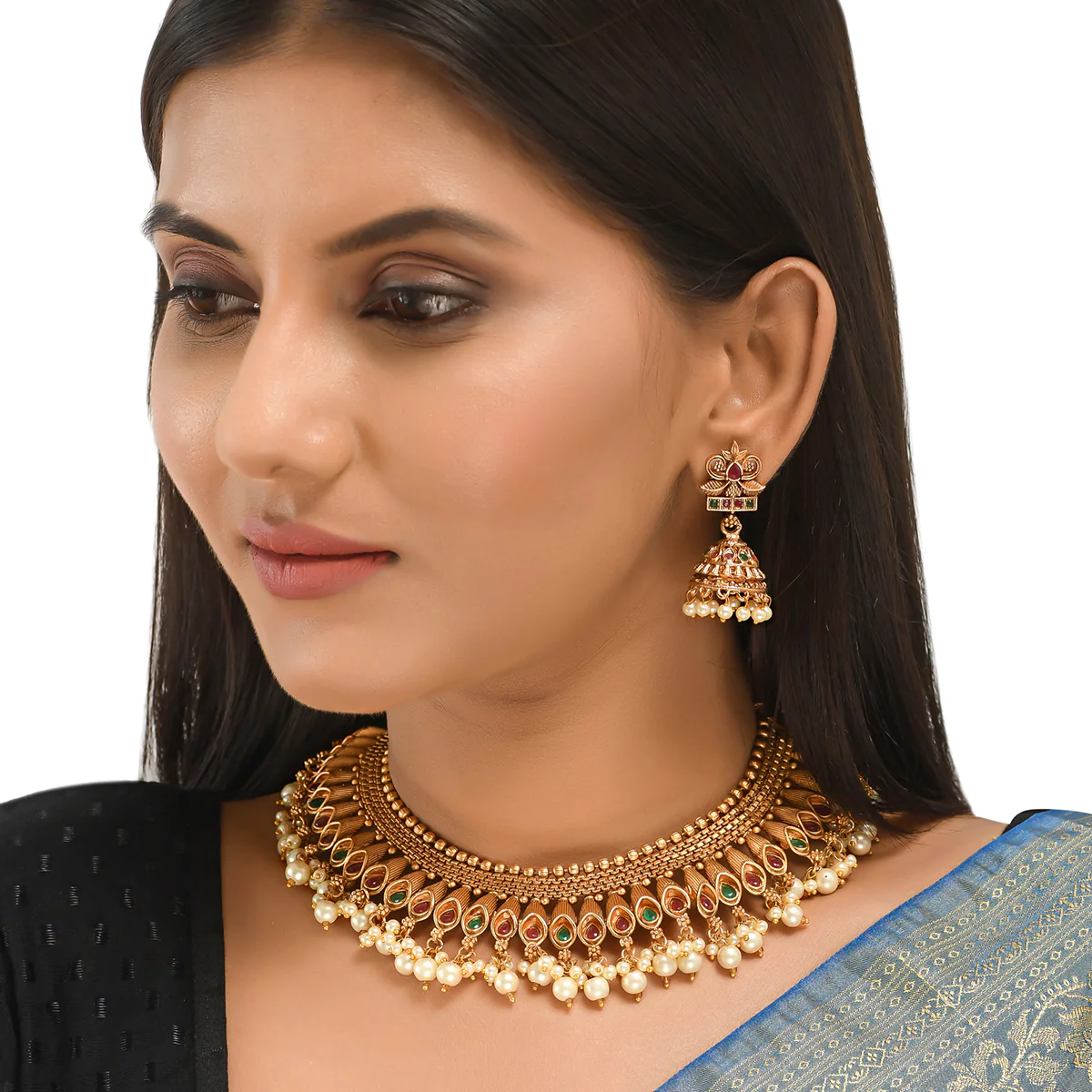 Zircon Gems and Faux Pearls Opulent Yellow Gold Plated Brass Jewellery Set - Image 6