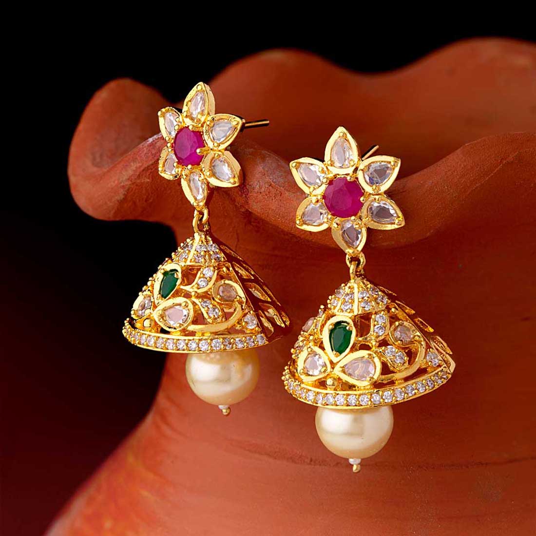 Zircon Gems and Floral Motifs Earrings