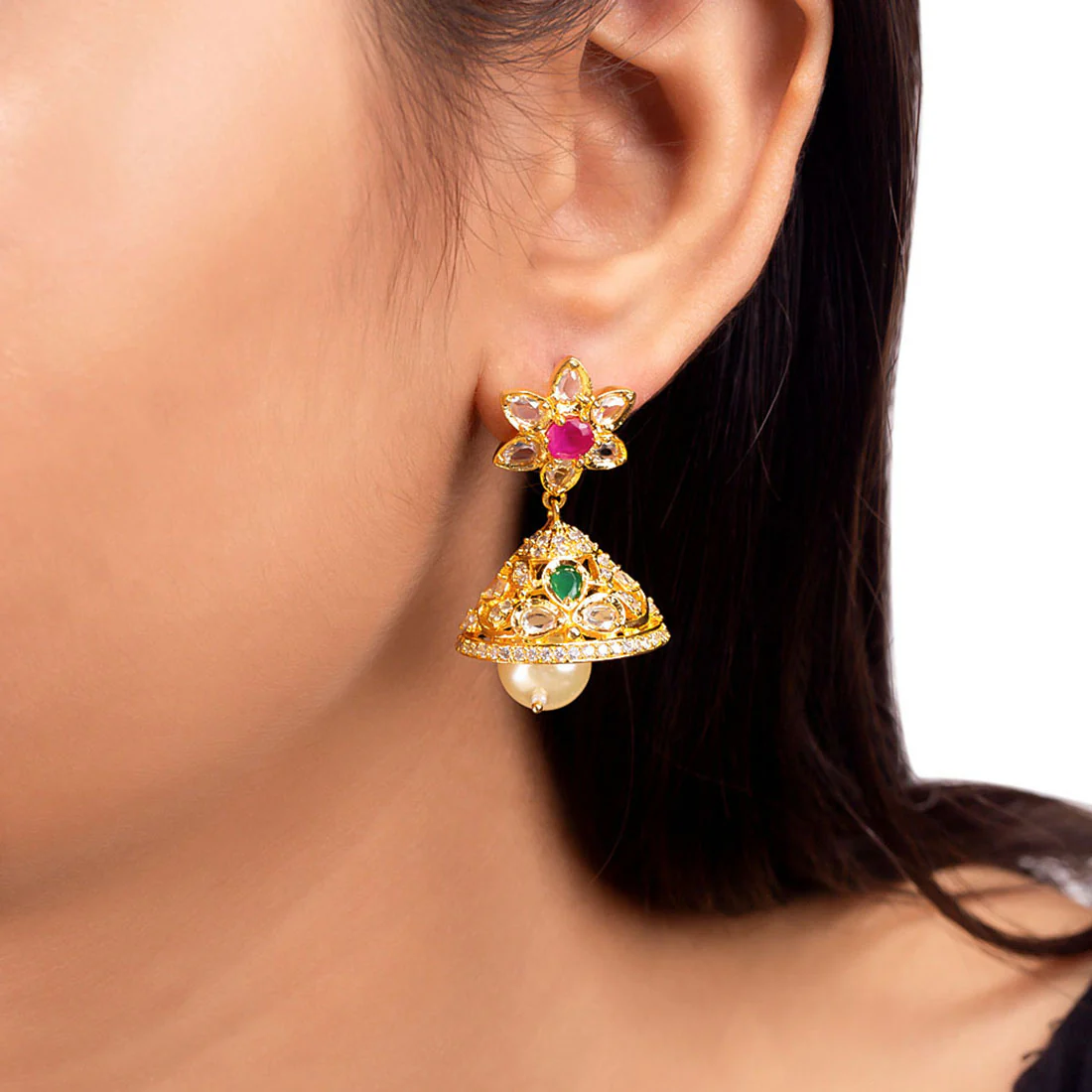 Zircon Gems and Floral Motifs Earrings - Image 2