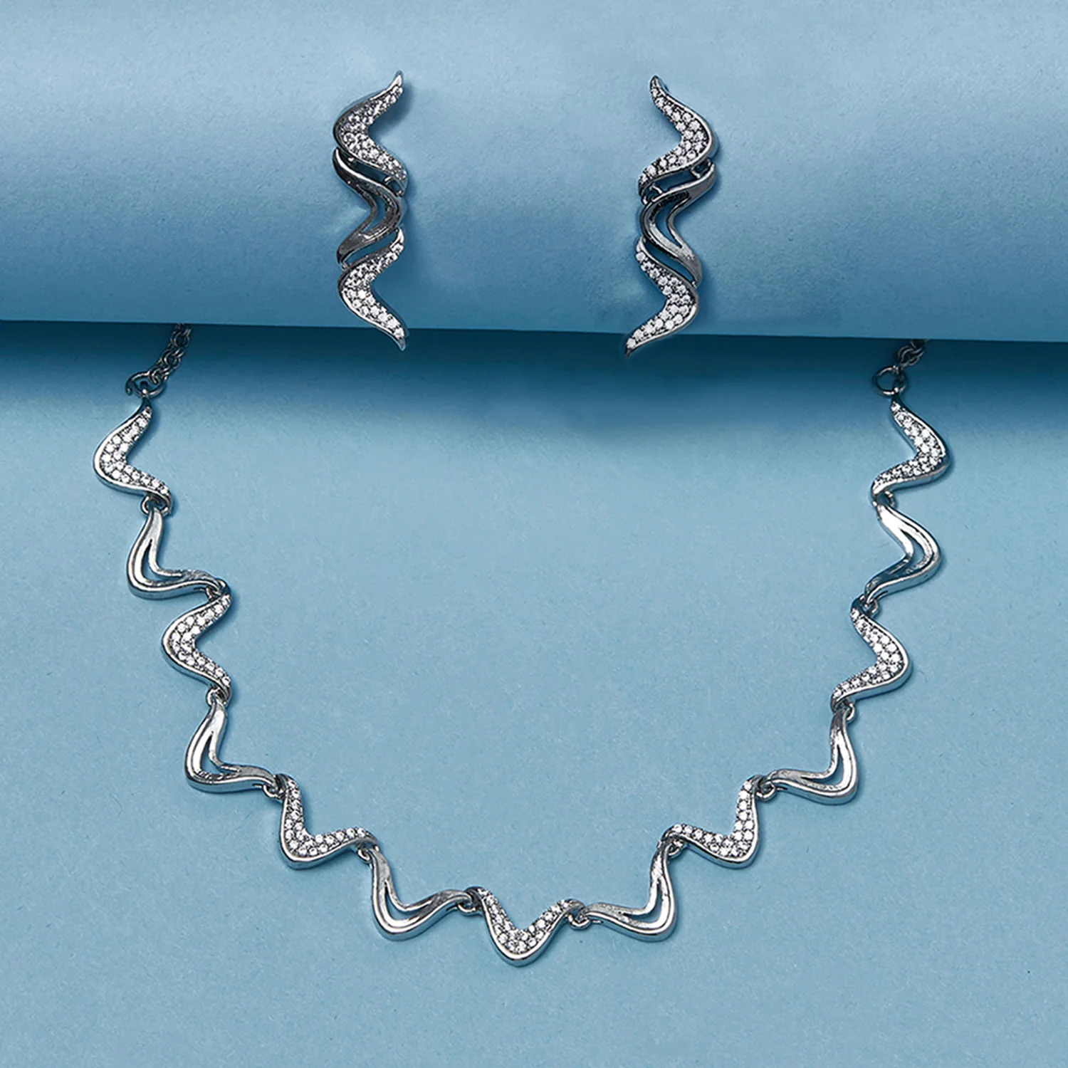 Zirconia Embellished Brass Silver Plated Jewellery Set