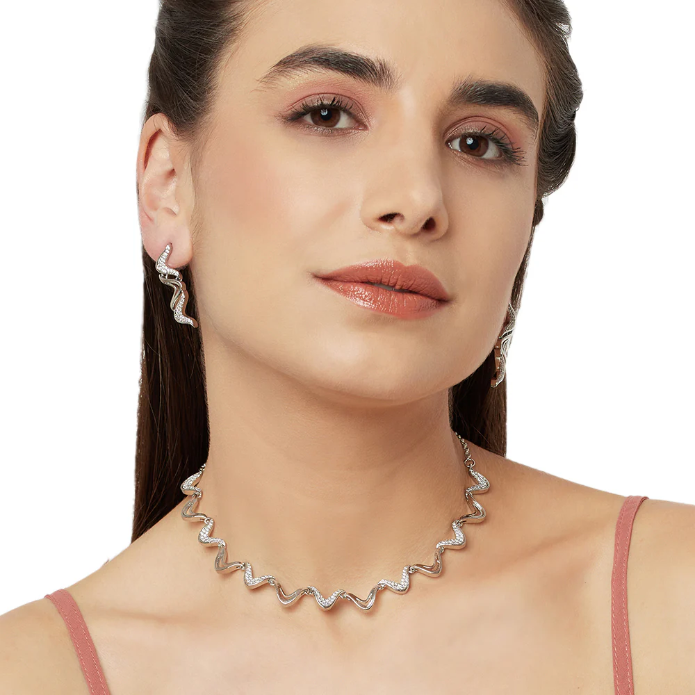 Zirconia Embellished Brass Silver Plated Jewellery Set - Image 2