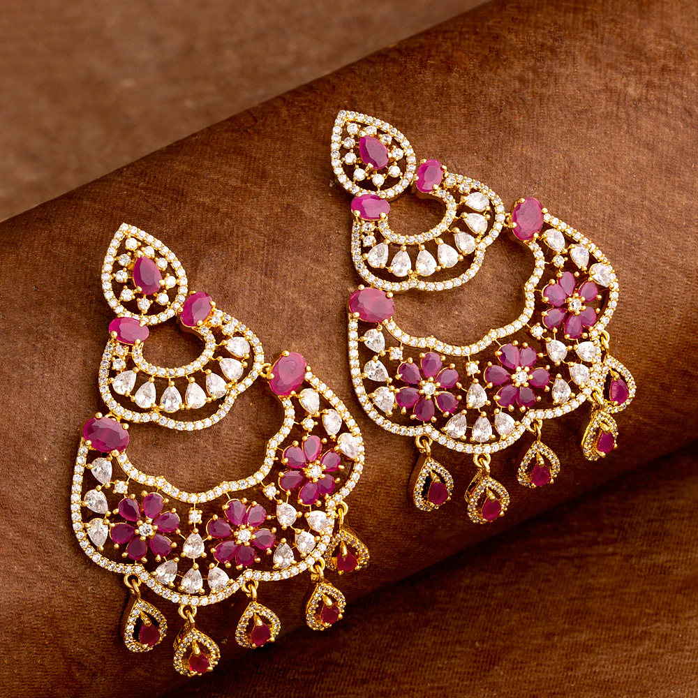 Zircons Adorned Floral Motif Earrings