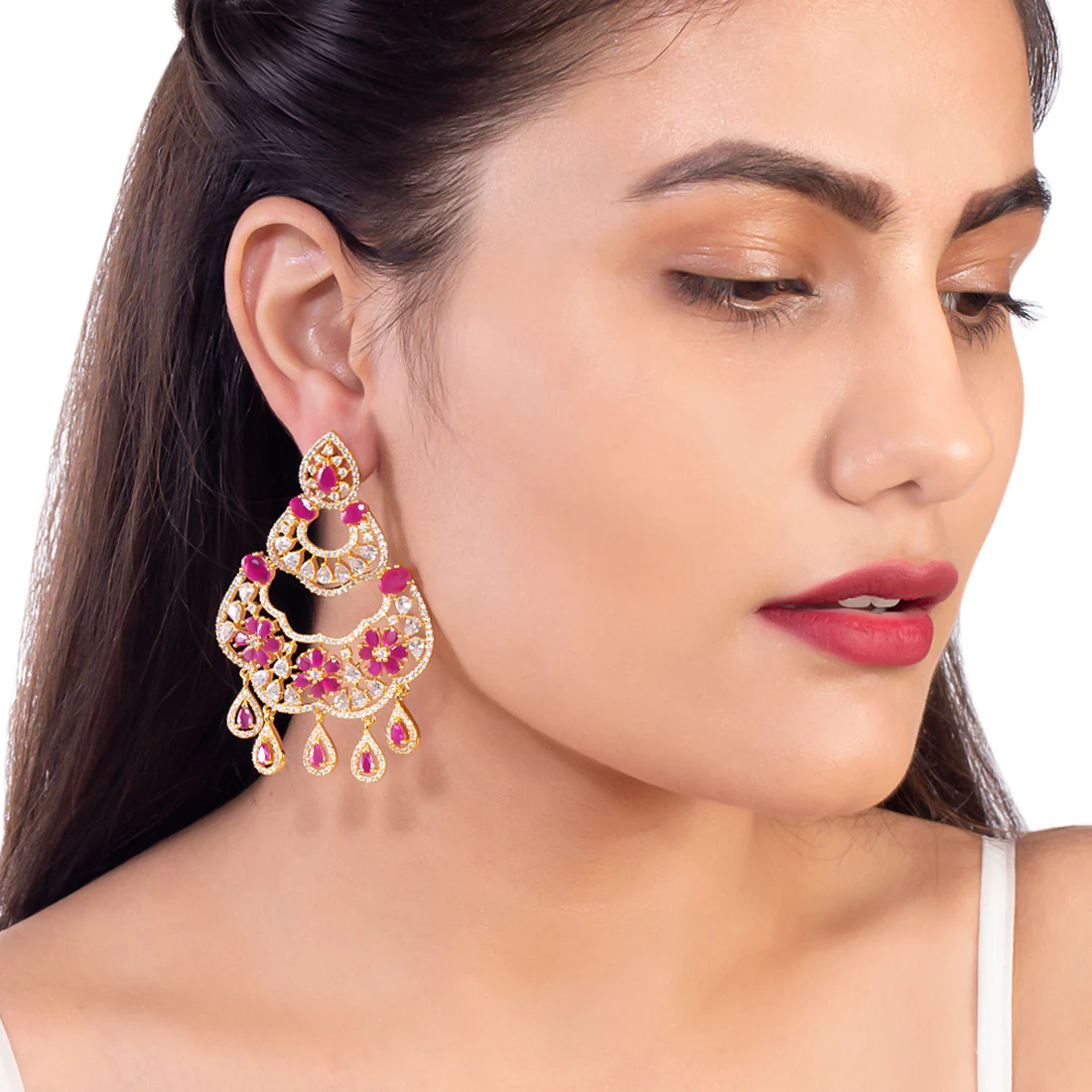 Zircons Adorned Floral Motif Earrings - Image 2