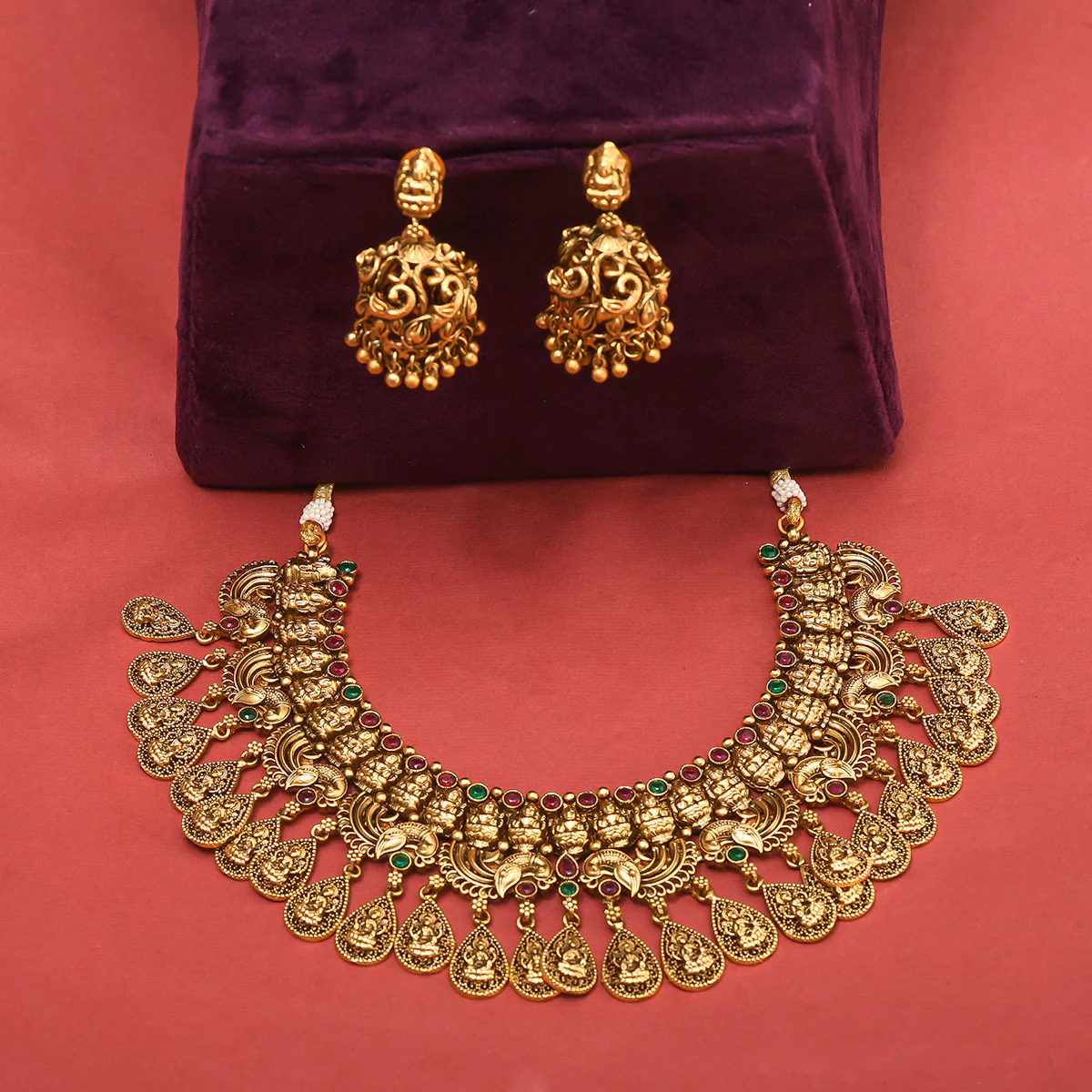 Zircons Adorned Yellow Gold Plated Brass Temple Jewellery Set