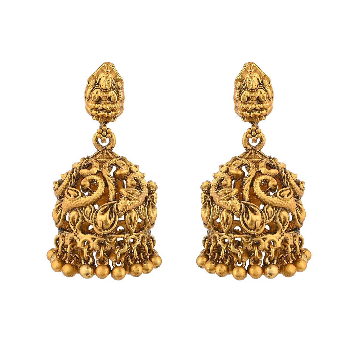 Zircons Adorned Yellow Gold Plated Brass Temple Jewellery Set - Image 5