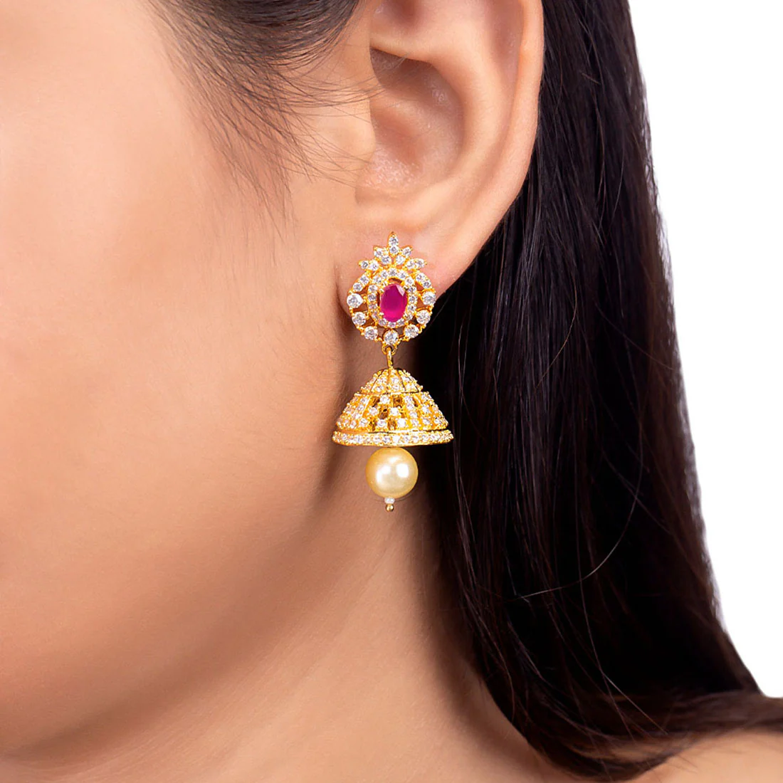 Zircons Embellished Jhumka Earrings - Image 2